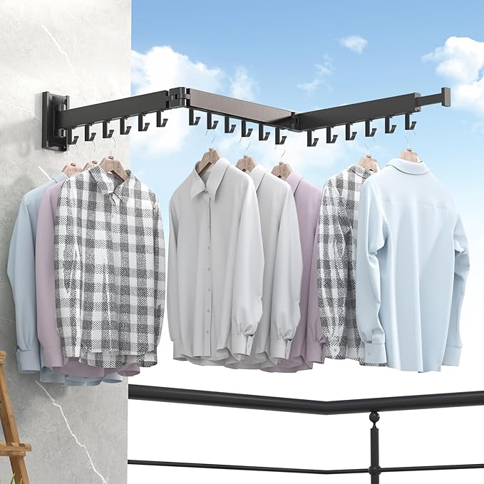 Clothes Drying Rack Wall Mounted,Laundry Rack Wall Wount,Drying Rack Clothing for Laundry,Retractable Dryer Racks,Wall Mounted Drying Rack Collapsible, Black, Sandy Coating,3z-b01