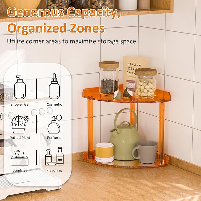 2 Tier Acrylic Corner Shelf Organizer Storage 9.5x9.5x8 Inch, Orange Countertop Corner Shelf for Bathroom, Kitchen, Bedroom, Office, Study Room-NeatNest