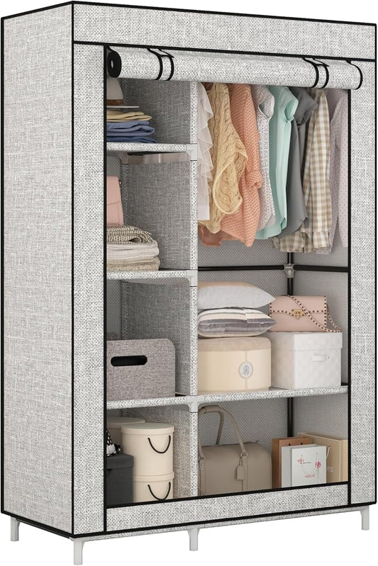 Calmootey Portable Closet Organizers, Clothing Storage, Wardrobe with 6 Shelves and Hanging Rod, Non-Woven Fabric Cover with 4 Side Pockets, Ash Grey-NeatNest