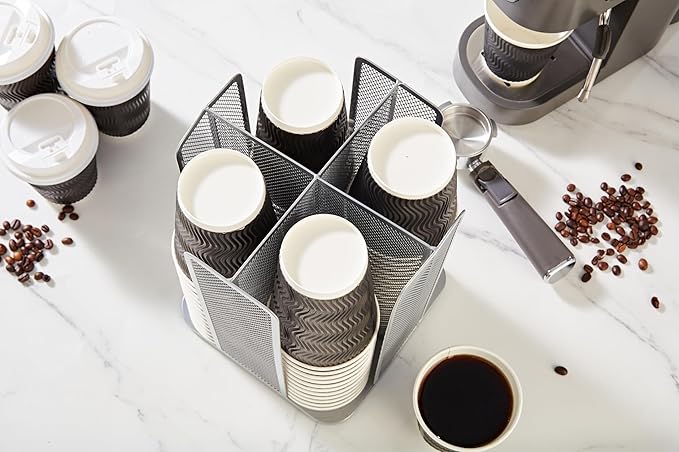 Annova Paper Cup and Lid Holder Plastic Cup Storage Organizer, 360°Rotating Coffee Cup Dispenser with 4 Compartments, Multifunctional Cup Storage Rack for Home, Office, Bar, Coffee Shop (Silver)-NeatNest