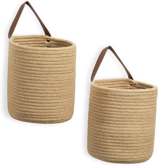 DULLEMELO Small Jute Hanging Basket 2 Pack - 7"D x 8"H, Woven Storage Basket With Leather Handle, Wall Decor Plants-NeatNest