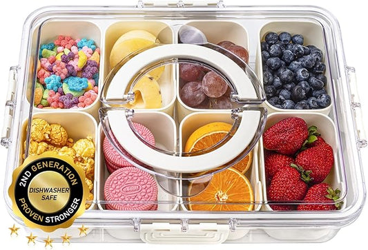 Amzcku Tritan Snackle Box Container (2nd Generation) Dishwasher Safety - Divided Serving Tray with Lid and Handle Charcuterie for Portable Snack Platters (Won't be Disfigured and Unbreakable) 1 Pack-NeatNest