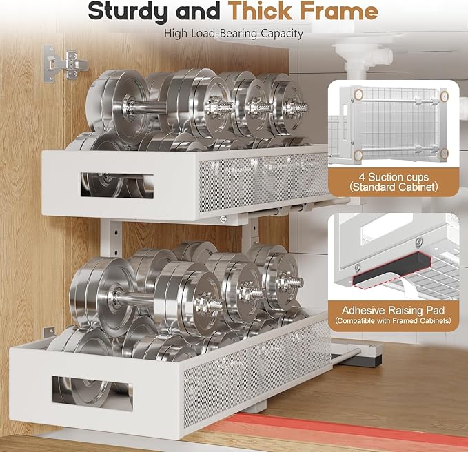 2-Pack Under Sink Organizers And Storage,Large Capacity 2-Tier Pull-Out Cabinet Organizer With Upgraded Tube Rails,Adjustable Height Sliding Drawers,Sturdy Mesh Shelves For Kitchen&Bathroom-White-NeatNest