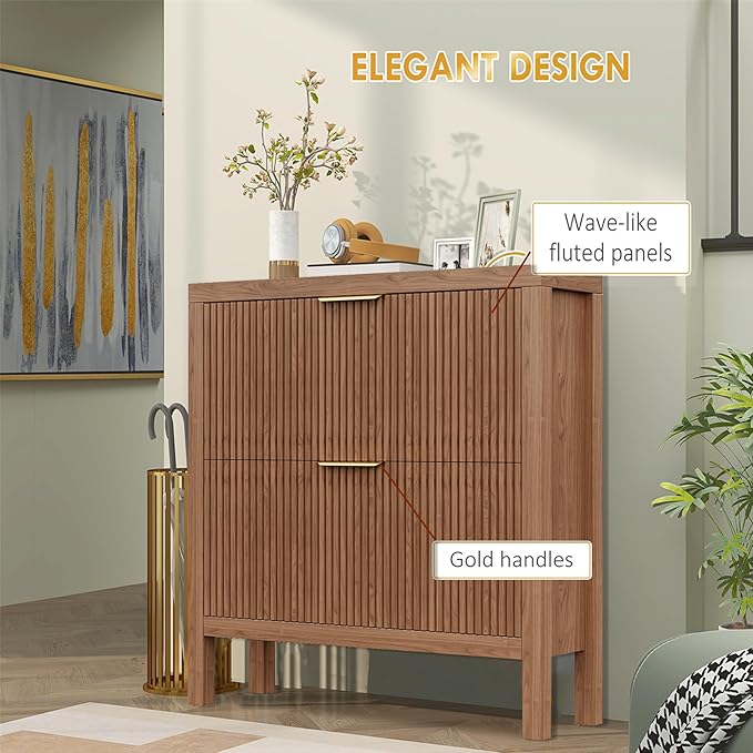 Modern 2-Tier Flip Drawer Shoe Cabinet, Freestanding Hidden Slim Narrow Shoe Rack Cabinet, Wooden Large Capacity Shoe Storage Cabinet Shoe Organizer, for Entryway, Hallway, Walnut-NeatNest