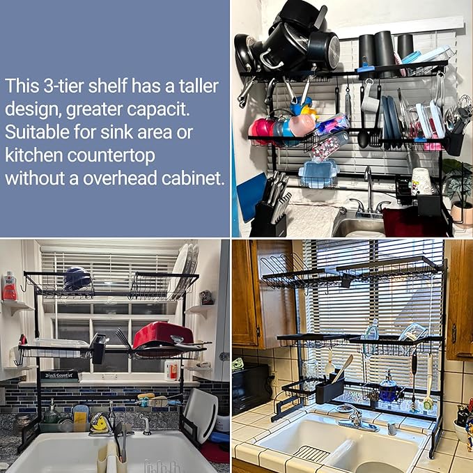 ADBIU Over The Sink Dish Drying Rack (Expandable Height and Length) Snap-On Design 2 Tier Large Dish Rack (27-37L x 12W x 32.5-37H (inches))