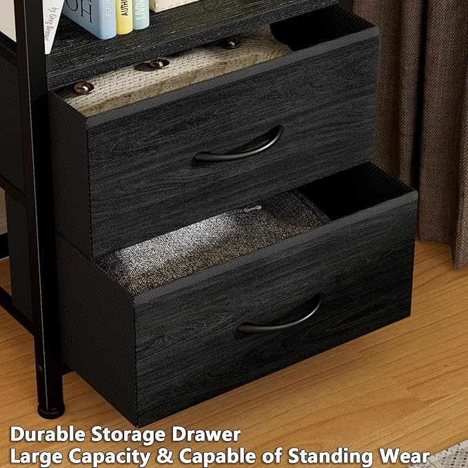 Furnulem 4-Tier Corner Shelf, Bookshelf with 2 Storage Drawers, 57.28”Tall Narrow Bookcase, Standing Shelf Organizer Unit for Living Room, Bedroom, Metal Frame, Wood Display Shelf