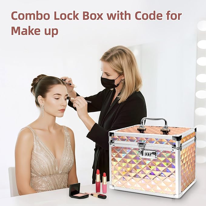 Medication Combination Lock Boxes with Code for Personal Items, Medicine Lockbox for Documents 10 x 7.25 x 7.75 Inches Plaid Gold
