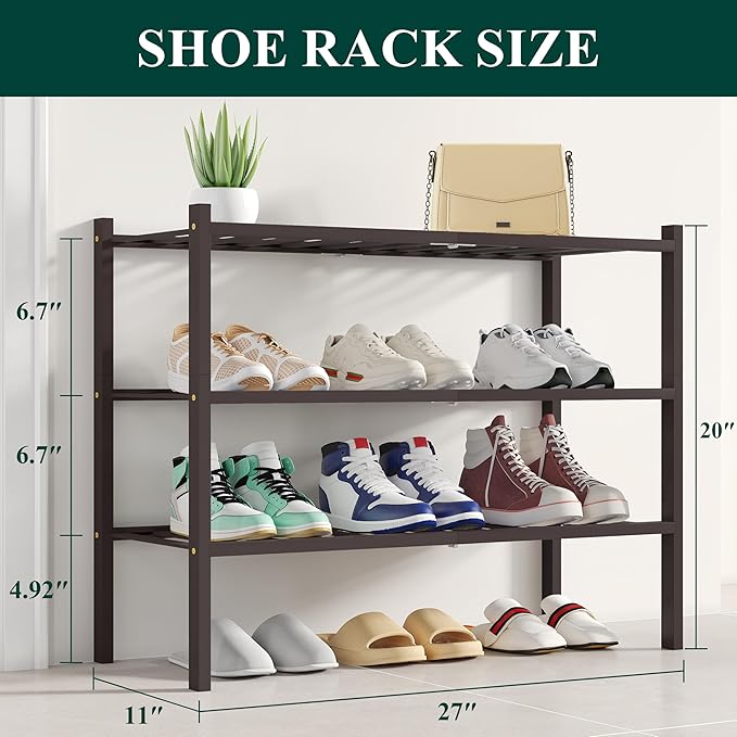 Smiry Shoe Rack, 3 Tier Bamboo Shoe Organizer, Stackable Free Standing Wooden Shoe Storage Shelf for Closet, Entryway, Front Door Entrance, Brown-NeatNest