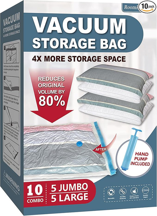 10 Pack Vacuum Storage Bags with Pump, 5 Jumbo and 5 Large Space Saver Vacuum Storage Bags, Vacuum Seal Bags for Clothing, Comfoters, Pillows, Blanket, Bedding-NeatNest