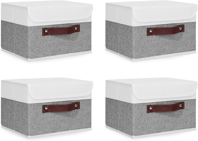 ANMINY 4PCS Storage Boxes with Lid Washable Decorative Storage Bins Basket with PU Leather Handle Foldable Linen Fabric Storage Cubes Containers for Home Closet Organizer - Gray White, Small Size-NeatNest