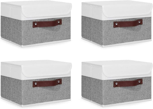 ANMINY 4PCS Storage Boxes with Lid Washable Decorative Storage Bins Basket with PU Leather Handle Foldable Linen Fabric Storage Cubes Containers for Home Closet Organizer - Gray White, Small Size-NeatNest