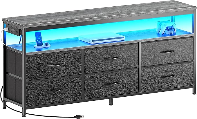 Huuger LED TV Stand for Bedroom, 55 Inch Fabric Dresser with Power Outlets, Entertainment Center for 60, 55, 50 Inch TV, 6 Drawer Dresser for Bedroom, Chest of Drawers with Shlef, PU Leather, Grey-NeatNest