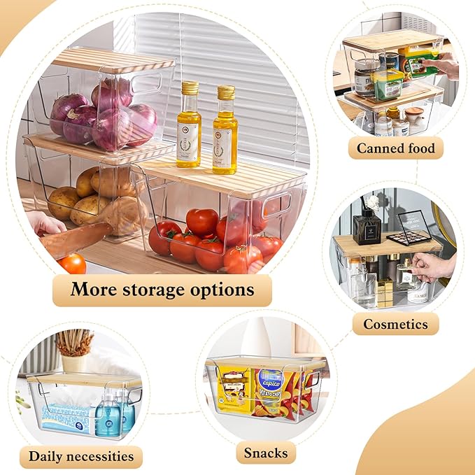4 Set Pantry Organizers and Storage with Bamboo Cover, Fruit and Vegetable Can for Kitchen Organizer, Clear Front Open Bins with Handle Storage Bins for Potato, Onion, Garlic, Fruits, Vegetable