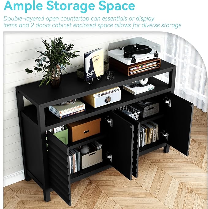HLR Bathroom Floor Storage Cabinet, Farmhouse Sideboard with Decorative Louvered Doors, Bathroom Storage Unit with 4 Doors & Shelves, Freestanding Credenza for Dining Room, Living Room, Hallway, Black-NeatNest
