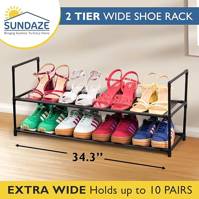 Sundaze Shoe Rack - 2 Tier Shoe Rack for Front Door Entrance, Sturdy Long Shoe Organizer for Closet, Bedroom, Entryway, Garage, Non Woven Fabric Shelf, Black, Holds Up to 10 Pairs-NeatNest
