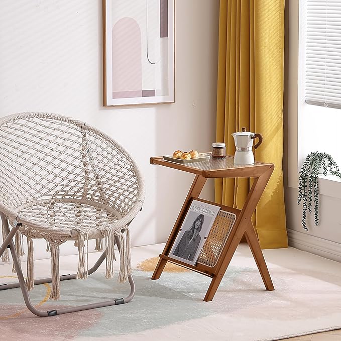 Tiita 2 Pack Rattan Side Table, Mid Century Nightstand, Bamboo Accent Bedside Tables, Glass Coffee Tables, Boho Wooden End Table with Storage for Small Space, Living Room and Bedroom