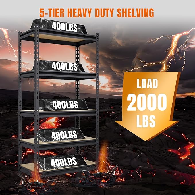 BIG RED Storage Shelving Unit, 5-Tier Adjustable, Heavy Duty Metal Garage Shelves/Utility Rack for Kitchen, Pantry, Basement, Bathroom, Laundry - 2,000 lbs Capacity, Black, 72" H x 35" W x 12" D-NeatNest