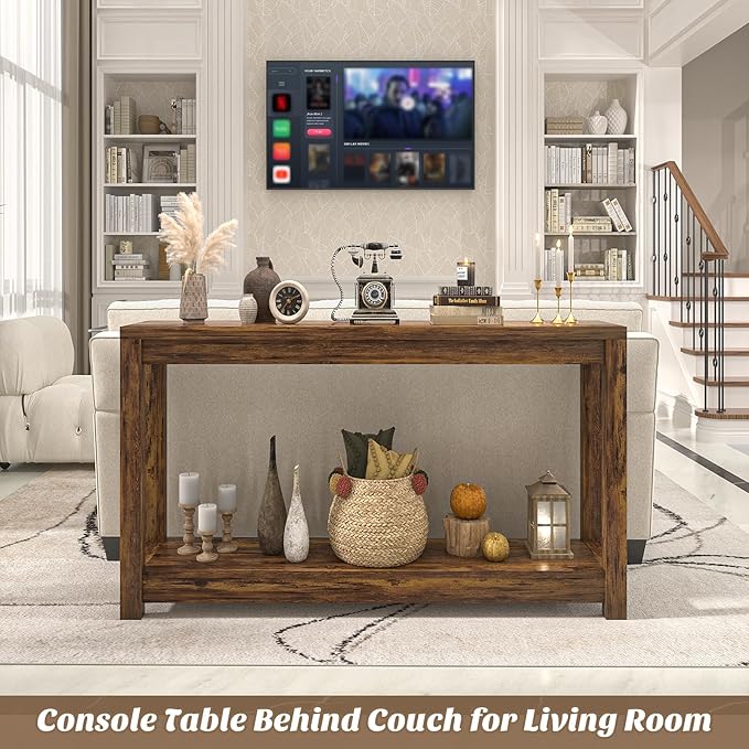 47" Farmhouse Wood Entryway Table Narrow Console Table with Storage Behind Couch Sofa Table with Shelves Entry Way Table with Open Storage, Easy Assembly, Rustic Brown-NeatNest