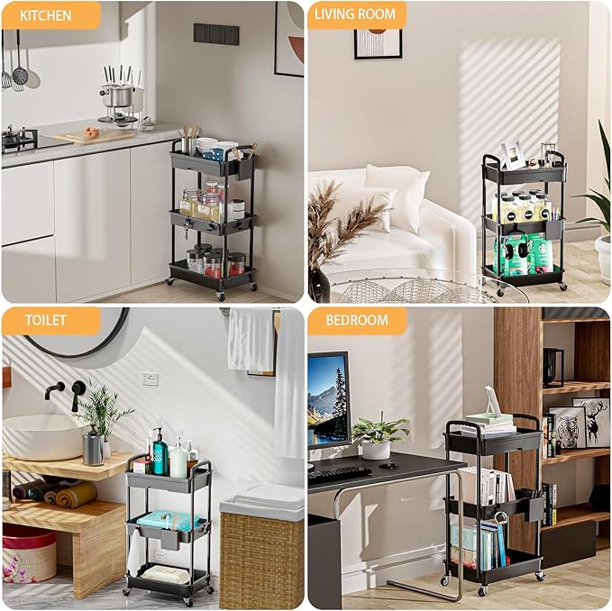 3 Tier Rolling Utility Cart with Drawer,REBECAT Utility Cart Made of Multifunctional Storage Organizer Tool for Kitchen,Bathroom,Living Room,Office(Black)-NeatNest