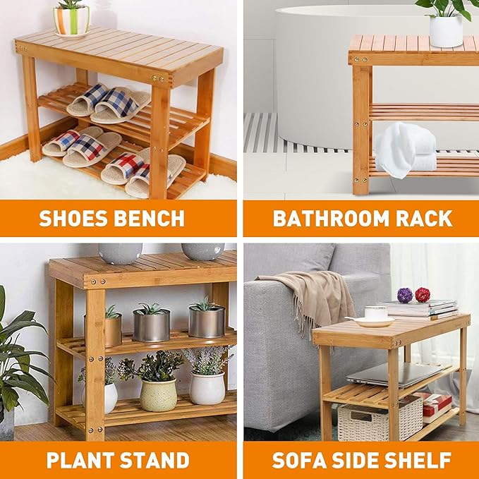 3-Tier Shoe Bench Small, Yellow-brown, Bamboo, 19.7" x 10.6" x 17.5"