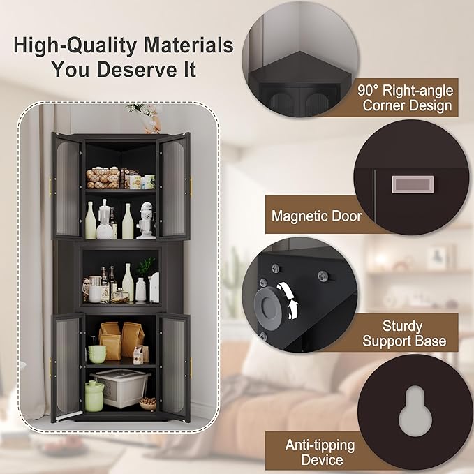64" Tall Metal Corner Storage Cabinet with Acrylic Glass Doors ＆ Open Display Storage Shelves, Farmhouse Corner Pantry Storage Cupboard for Kitchen, Laundry Room, Bathroom or Bedroom (Black)
