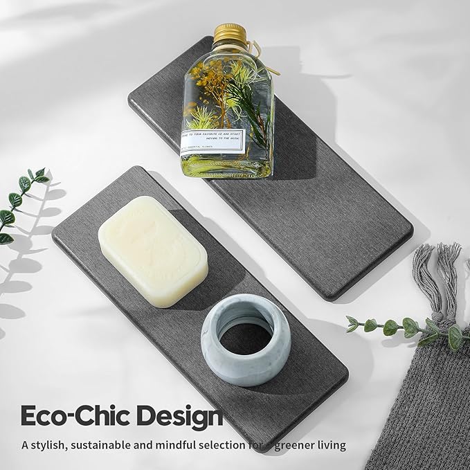 2PCS Bathroom Trays, Water Absorbing Diatomite Stone Quick Drying Mat for Kitchen Counter, Dish Rack Soap Dispenser Sponge Holder Caddy Sink Vanity Organizer, Dark Gray Slate,9"x3.5"-NeatNest