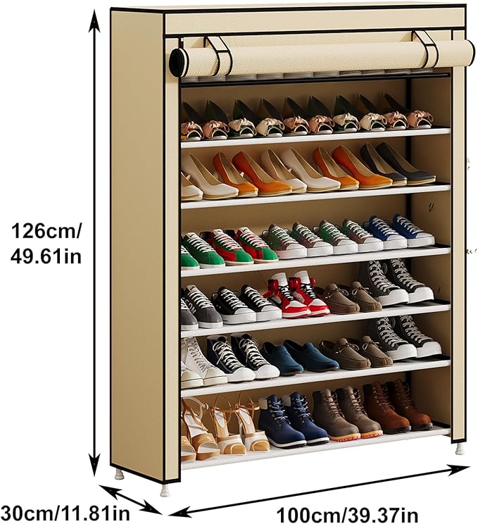 Calmootey 7 Tier Shoe Rack Organizer to Hold 35 Pairs, Portable Shoe Shelf with Nonwoven Fabric Cover for Closet Hallway, Bedroom, Entryway, Beige-NeatNest