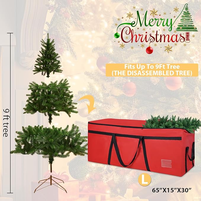 9 ft Christmas Tree Storage Bag, Heavy Duty Christmas Tree Bag with Reinforced Handles and Dual Zippers Wide Opening, Large Capacity fits for Artificial Christmas Tree (Red, 9 ft)-NeatNest