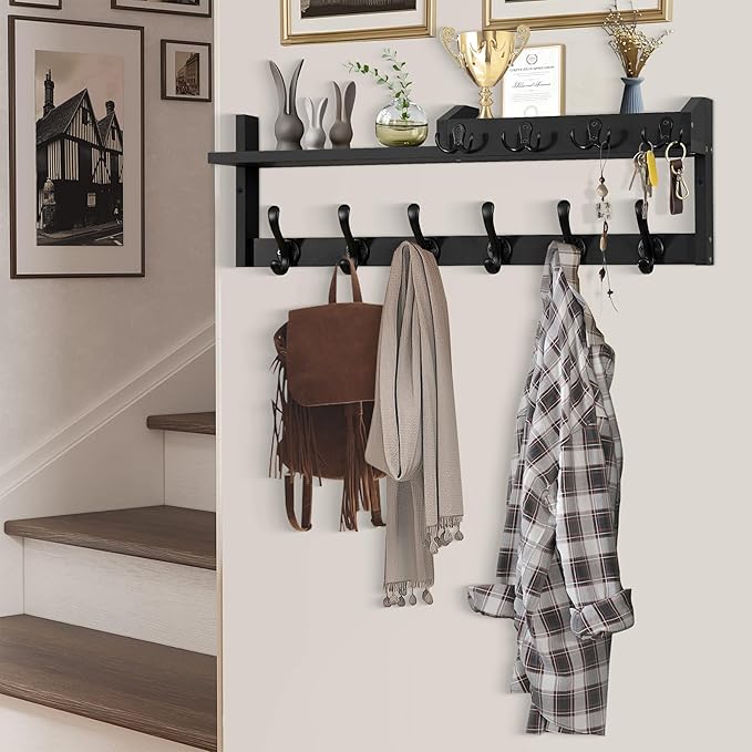 Coat Rack Wall Mount with Shelf, 27.5" Entryway Wall Hanging Shelf, Coat and Key Hanger with 10 Dual Hooks, Mail Organizer and Key Holder Hat Rack for Wall, Wood Coat Hooks with Storage-NeatNest