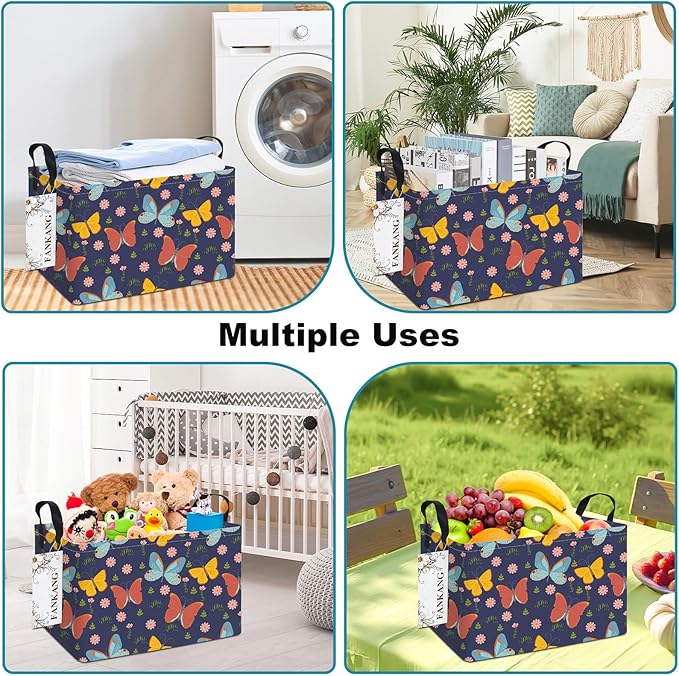 FANKANG Storage Bins, Nursery Hamper Canvas Laundry Basket Foldable with Waterproof PE Coating Large Storage Baskets for Kids Boys and Girls, Office, Bedroom, Clothes,Toys(Rec-Colorful Butterfly ）