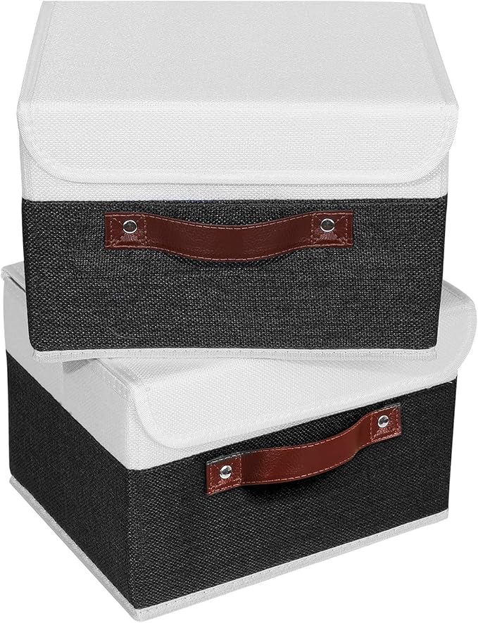 ANMINY 2PCS Storage Boxes with Lid Washable Decorative Storage Bins Basket with PU Leather Handle Foldable Linen Fabric Storage Cubes Containers for Home Closet Organizer - Black White, Small Size-NeatNest