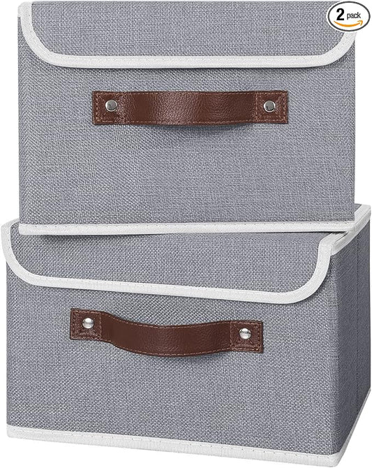 ANMINY 2PCS Storage Bins with Lid PU Leather Handles Storage Boxes PP Plastic Board Decorative Foldable Lidded Cotton Linen Fabric Home Cubes Baskets Closet Organizer Containers - Gray, Small Size-NeatNest
