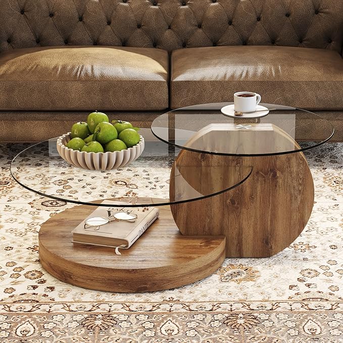 Glass Coffee Tables for Living Room Round Coffee Tables Modern Double Layer Round Table Circle Coffee Table for Small Space Home Office (42 Inch Dark Wood)