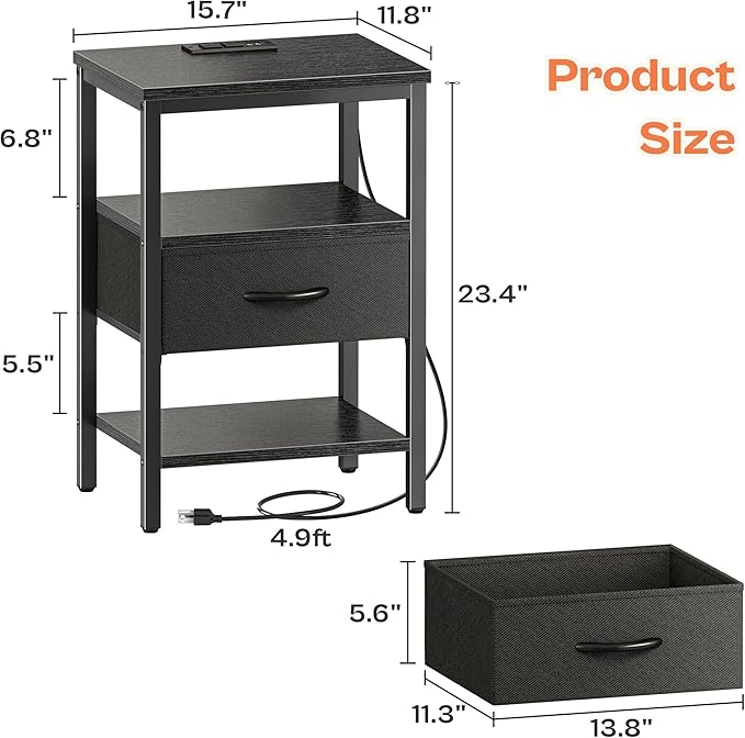 SUPERJARE Nightstand Set of 2, Bed Side Tables with Charging Station, Adjustable Fabric Drawer, Night Stand for Bedroom, 3-Tier Storage End Tables, Black