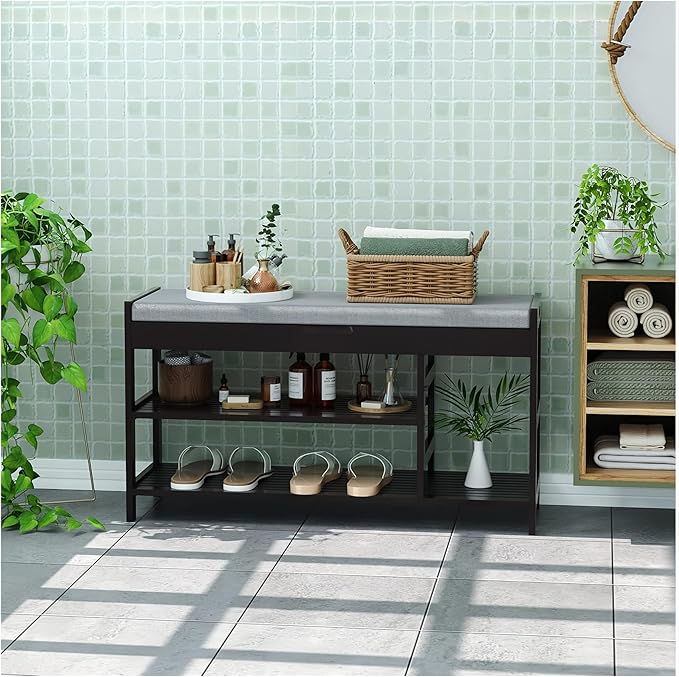 HIFIT Bamboo Shoe Bench Rack with Storage, Entryway Storage Bench with Padded Seat, Shoe Oiganizer Shelf for Entryway Mudroom Bathroom Foyer, Vintage