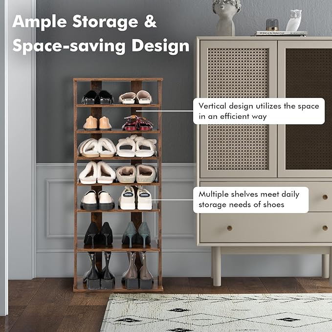 COSTWAY 7 Tiers Shoe Rack, Double Rows Vertical Tall Narrow Patented Shoe Organizer, Free Standing Shoe Rack for Small Space, Entryway, Closet, Living Room, Bedroom (Rustic Brown)-NeatNest