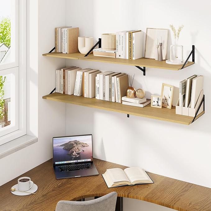 Fun Memories Floating Shelves for Wall, 12 Inch Deep Floating Shelves Set of 2, 16W x 12D Large Wall Shelf with Sturdy Metal Brackets for Living Room, Bathroom, Bedroom and Kitchen, Oak-NeatNest