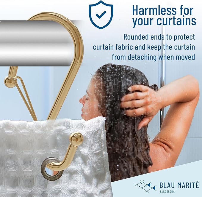 12 Decorative Metal Shower Curtain Hooks, S-Shaped Hooks with Anti-Fall System, Rust-Proof Shower Rings with Safety Buckle, Fits Rods Up to 1-Inch Diameter (S, Gold)-NeatNest