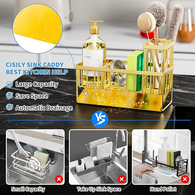 Cisily Gold Kitchen Sink Caddy Organzier with High Brush Holder, Sponge Holder for Sink, 304 Rustproof Stainless, Kitchen Countertop Soap Dispenser Organizer, Home Decor and Accessories-NeatNest