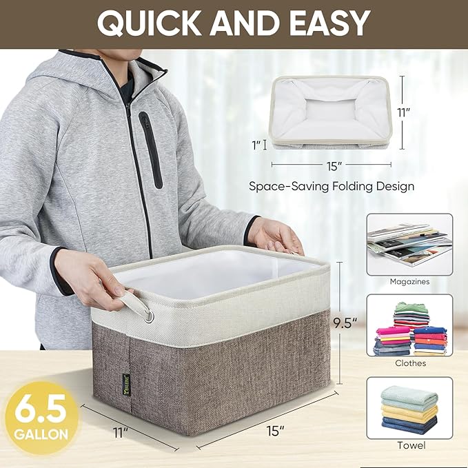 BALEINE 1 Pack Fabric Storage Bins for Shelves, Linen Storage Baskets for Organizing, Decorative Closet Bins for Clothes, Home (Brown, 15''x11''x9.5'')-NeatNest