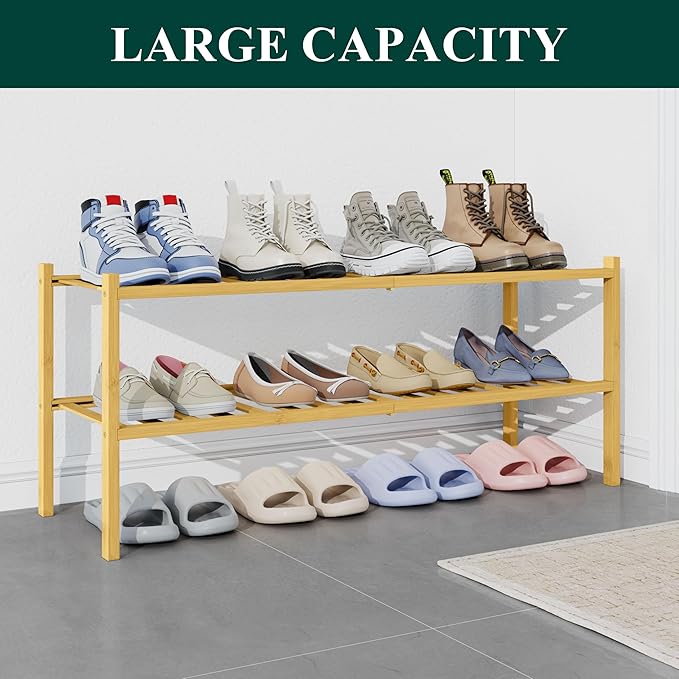 Smiry Bamboo Shoe Rack for Closet, 2 Tier Long Wooden Stackable Shoe Organizer, Free Standing Shoes Storage Shelf for Entryway, Front Door Entrance, Natural-NeatNest