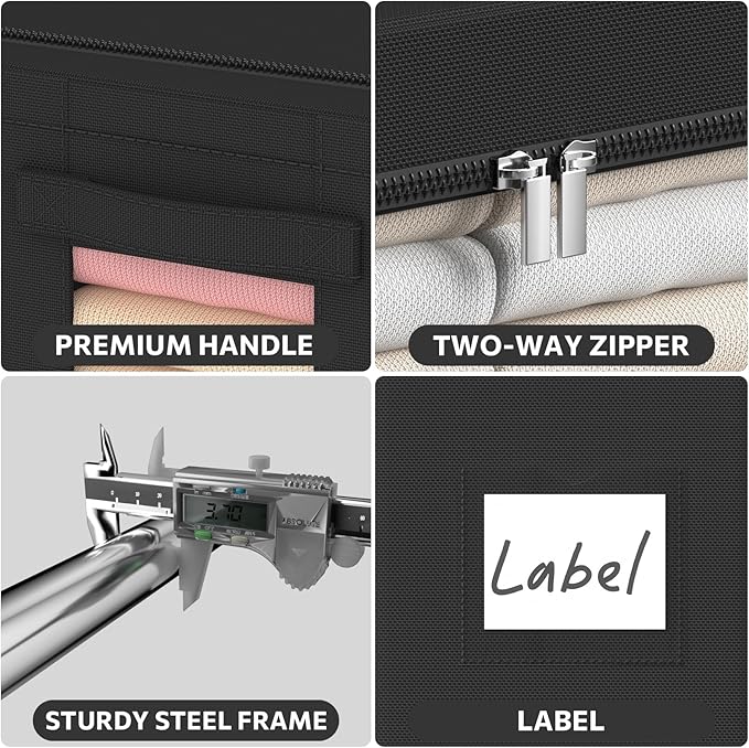 3Pack Frame Storage Box - Clothes Storage Bin Bags Oxford Fabric Foldable Stackable Container Organizer Set with Clear Window & Carry Handles (Black, X-Small-36L)-NeatNest