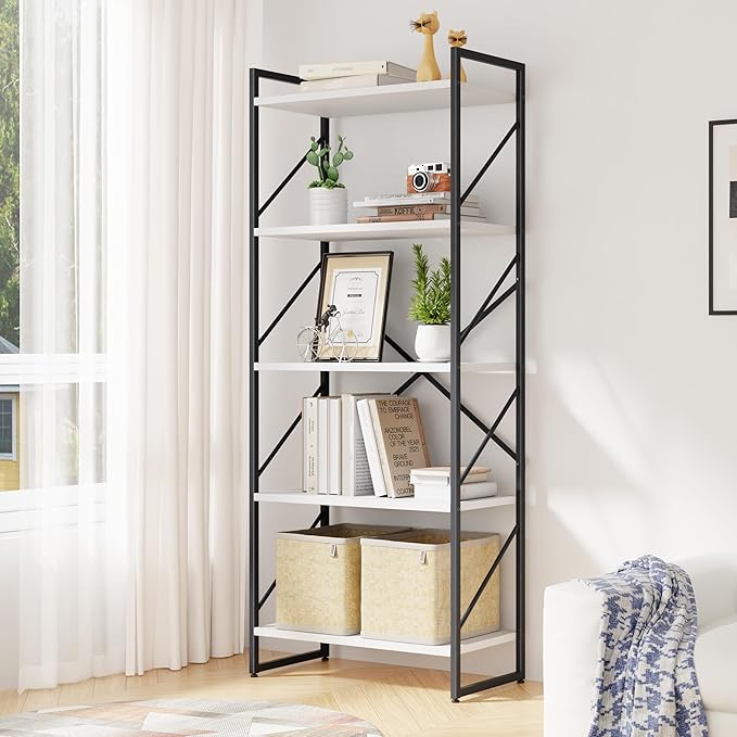 Bookshelf, 5 Tier Bookshelves, Home Office Bookcase Shelf Storage Organizer, Free Standing Storage Shelving Unit for Bedroom, Living Room and Home Office,White-NeatNest