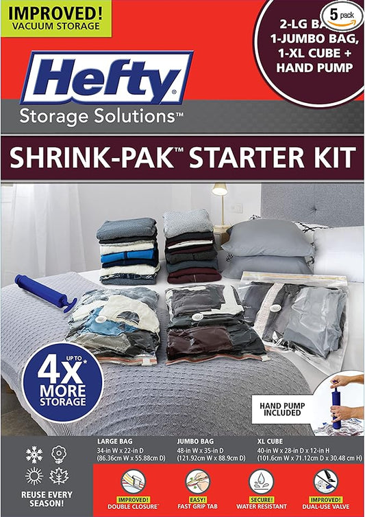 Hefty Shrink-Pak Starter Kit - 2 Large, 1 XL Cube, 1 Jumbo Vacuum Seal Storage Bag and Hand Pump – Space Saver Bags for Clothing, Pillows, Towels, or Blankets, 5 Pc Set-NeatNest