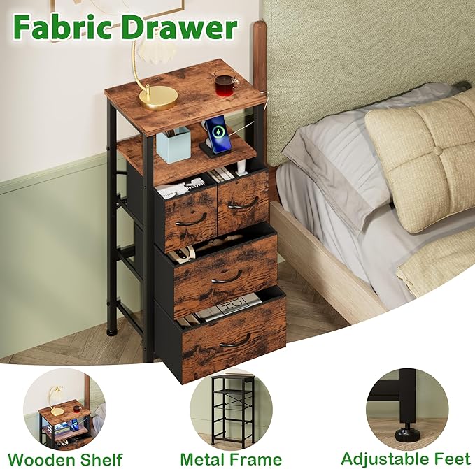 Furnulem Dresser for Bedroom, Tall Nightstand, Bedside Table with Charging Station, LED Light, Fabric Bins, Night Stand with Wood Shelf, Small Furniture for Entryway, 33 Inch (4 Drawer, Rustic Brown)
