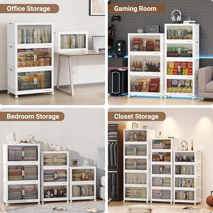 320Qt Stackable Storage Bins with Lid, Extra Large Closet Organizer Collapsible Drawer Boxes with Wheels, Folding Plastic Cabinet Containers for Home Kitchen Room Organization, 4Pack White