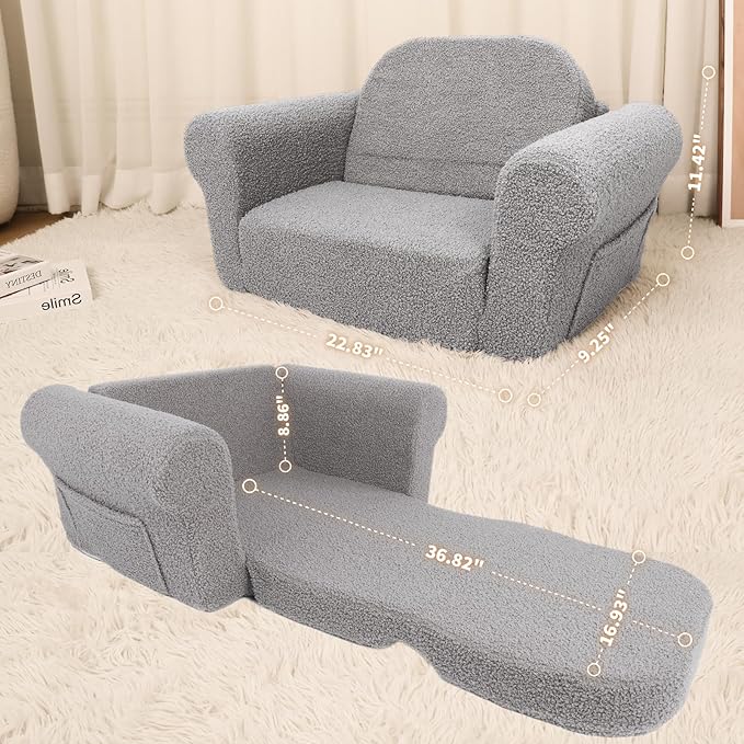 Chairs for Toddler, 2-in-1 Toddler Soft Teddy Couch Fold Out, Convertible Chair to Lounger for Girls and Boys|Safety Certified | Gift for Children (Sky Gray)-NeatNest