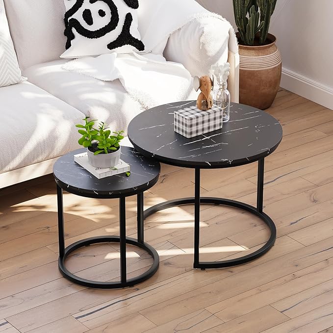 Smuxee Black Nesting Coffee Table Set of 2, 23.6" Round Coffee Table Wood Grain Top with Adjustable Non-Slip Feet, Industrial End Table Side Tables for Living Room Bedroom Balcony Yard