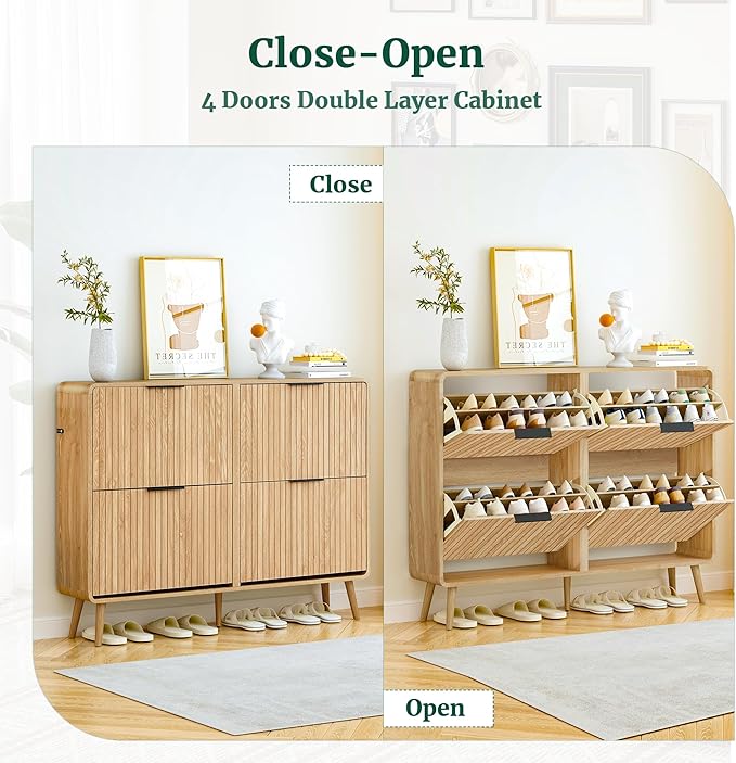 47" Fluted Large Shoe Cabinet with 4 Flip Drawers, Slim Freestanding Shoe Cabinet Organizer, Narrow Shoes Storage Rack for Entryway (Natural, 9.45" D x 47.24" W x 35.83" H)