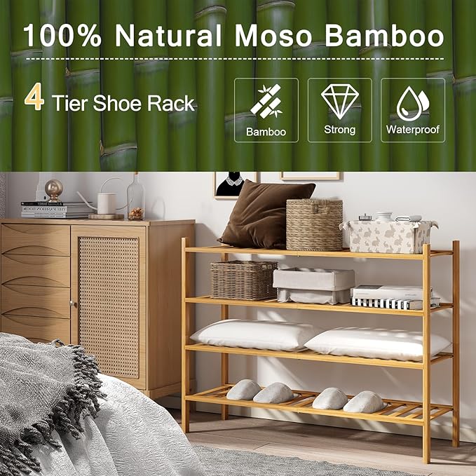 Long Shoe Rack, 4-Tier Bamboo Stackable Shoe Shelf Storage Organizer, Shoe Stand for Closet, Entryway and Hallway-NeatNest
